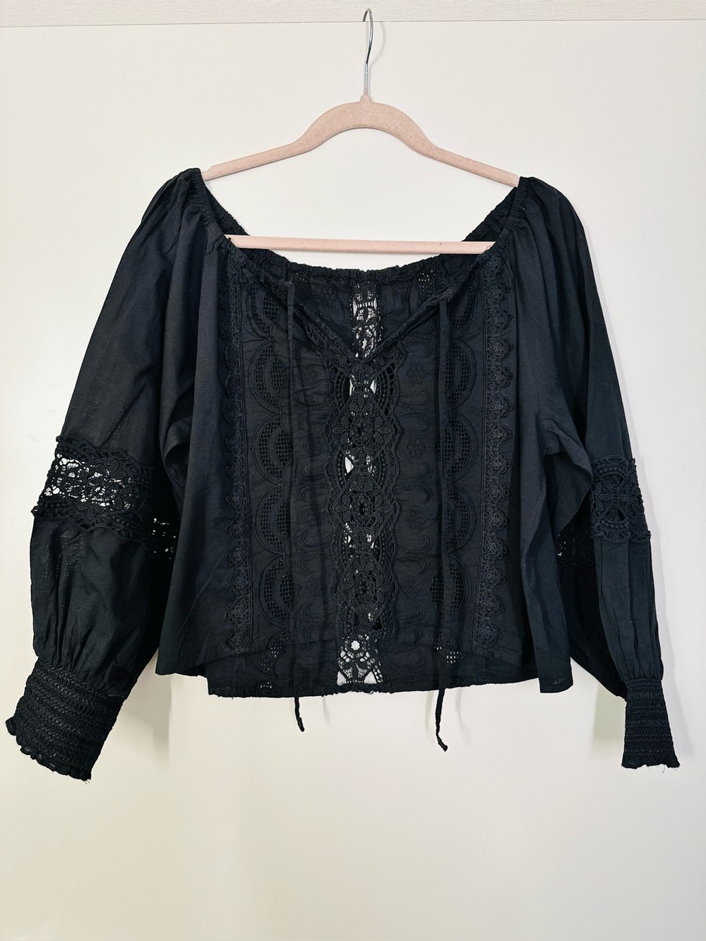 Boho Black Lace Embroidered Peasant Blouse - Women Tops L